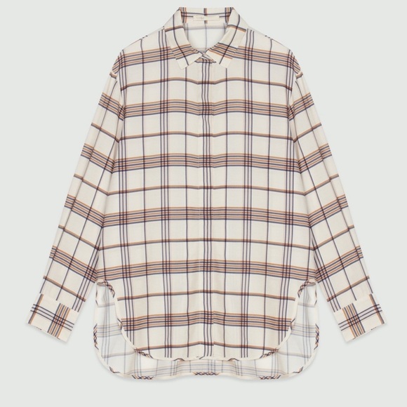 Maje Plaid Long Sleeve Button Down Shirt Blue Tan Size 3/Large - Picture 5 of 14
